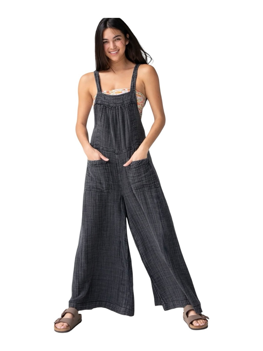 Natural life Dakota 100% Cotton Tie Overall wide leg washed black Gauze size XS